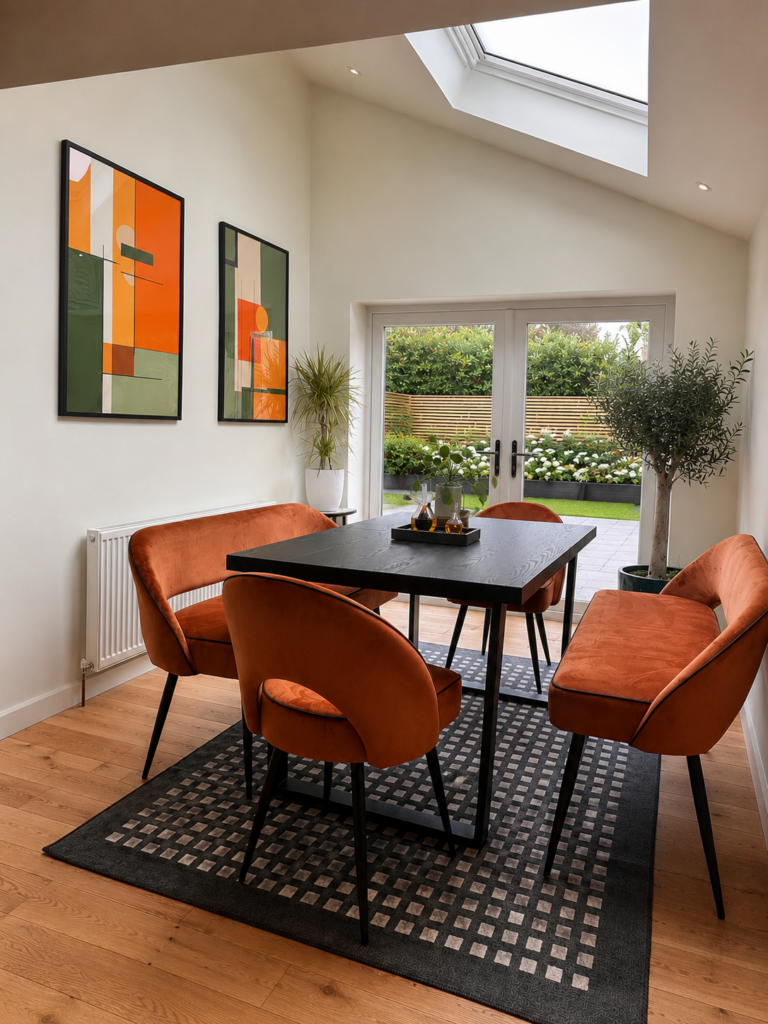 Dining room extension with dramatic wall prints and colourful seating, Macclesfield
