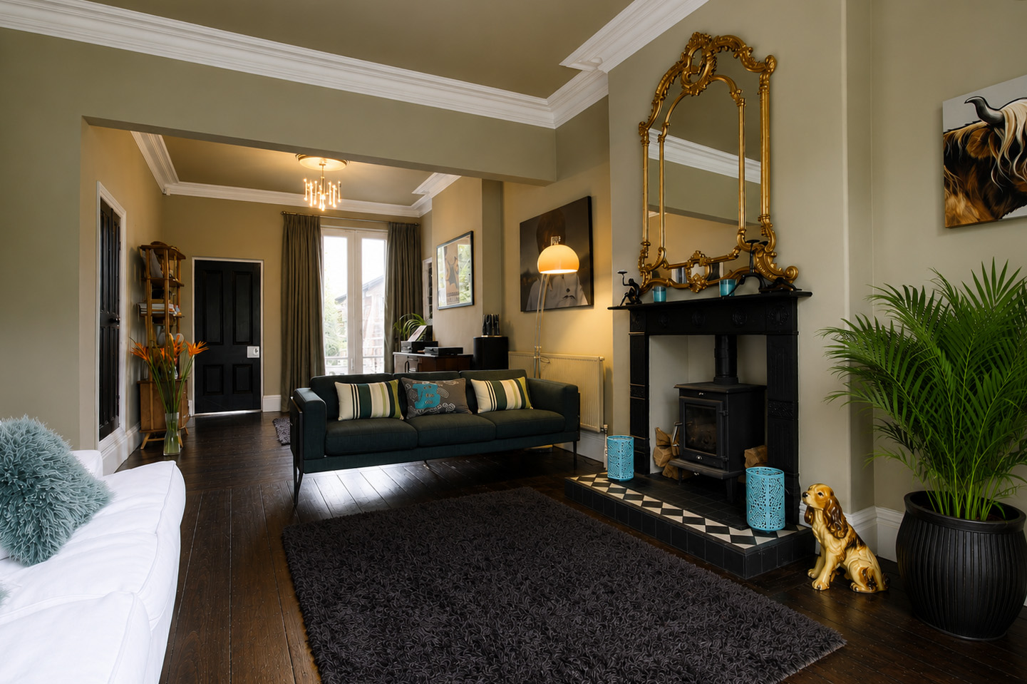 Large ornate gilt mirror fireplace, khaki walls, Eclectic style, Stockport