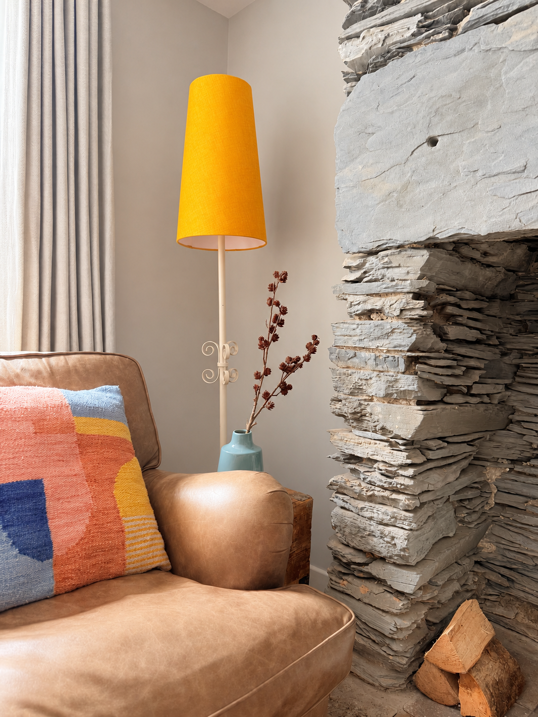 Vintage lamp and exposed slate chimney breast, North Wales