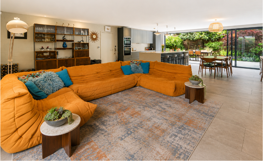 Modern Mid century styled open plan living room with Ligne Rosset Toga sofa, Stockport