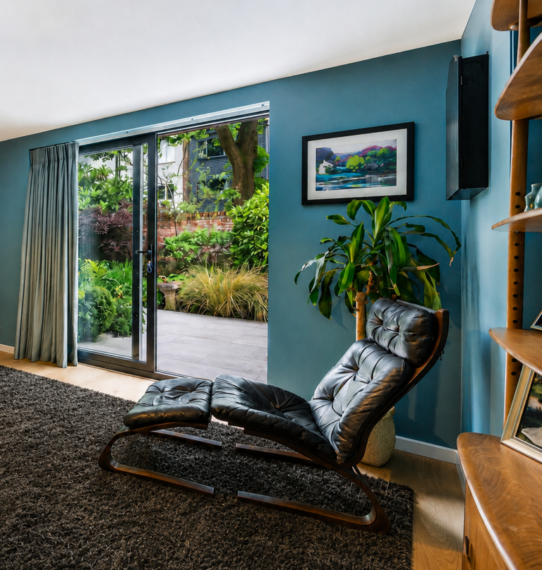 Outside inside snug with mid century arm chair, Stockport