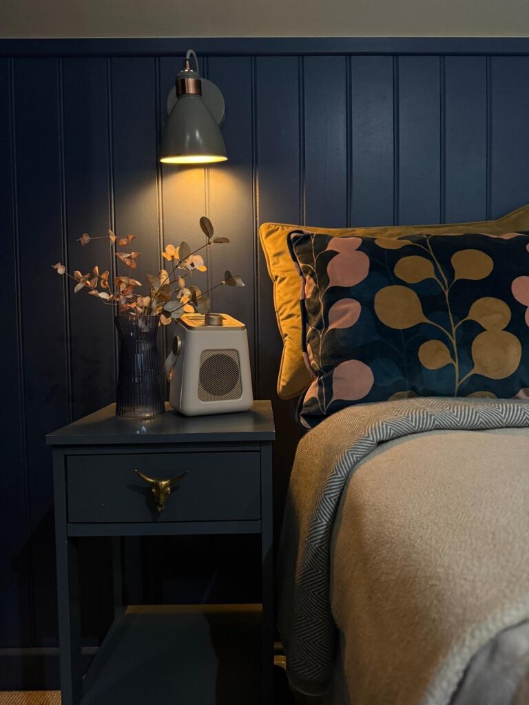 Stiffkey blue tongue and grove panelling , retro radio