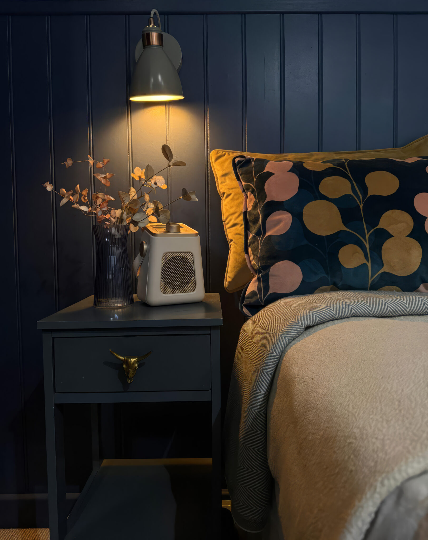 Stiffkey blue tongue and grove panelling , retro radio, North Wales