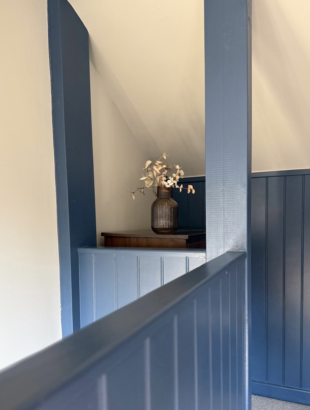 Attic structure painted stiffkey blue , wood panelling, North Wales