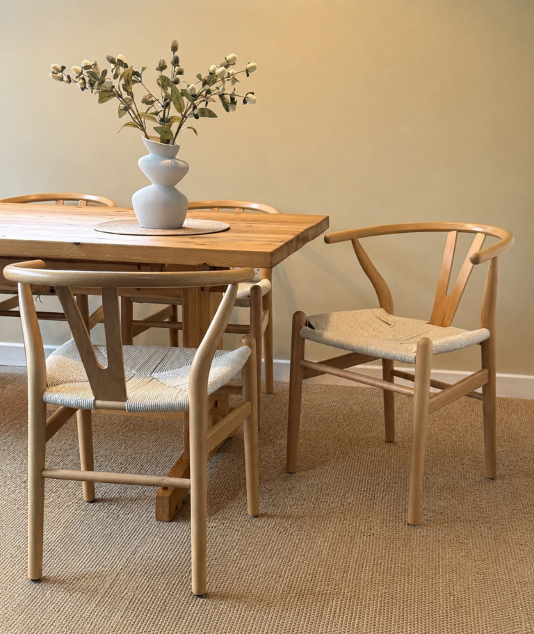 Natural wood, wishbone dining chairs, North Wales